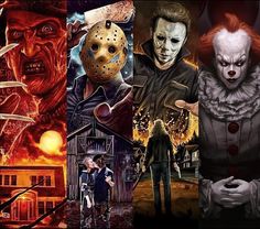 four different horror movie scenes with clowns and scary people in the middle one is wearing a mask