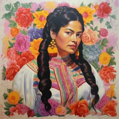 a painting of a woman with long hair and flowers in her hair, wearing traditional mexican clothing