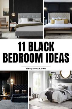 black and white bedroom decor with text overlay