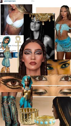 a collage of photos with different women in blue and gold outfits, including an egyptian woman