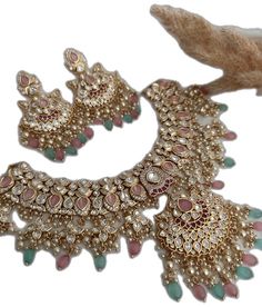 Hand Set Kundan Necklace For Puja, Chandbali Kundan Necklace Jeweled, Diwali Kundan Jeweled Necklace, Pink Kundan Jewelry For Puja, Chandbali Kundan Necklace For Diwali, Festival Kundan Jeweled Necklace, Festive Kundan Jeweled Necklace, Diwali Jeweled Kundan Necklace, Bollywood Style Bridal Kundan Necklace