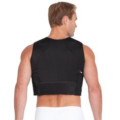 the back of a man in white boxer shorts wearing a black vest and no shirt