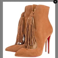 Worn Twice, Euc. Great For This Fall Season! Comes In Original Box W/Dust Bags And Heel Taps Christian Louboutin Suede Ottocarl Pointed-Toe Ankle Boots Detailed W/ A Cutout Vamp, Trimmed W/ Fringe. **If Trading- I Will Bring To My Cobbler To Be Cleaned Before Shipping Out** Tv $1195 - That’s What They’re Listed For On Other Apps In Worse Condition. Christian Louboutin Outlet, Christian Louboutin Boots, Manolo Blahnik Heels, Shoes Boots Ankle, Red Sole, Gorgeous Shoes, Fabulous Shoes, Hot Shoes, Boots Ankle