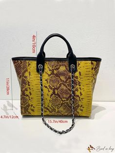 Bird in Bag - Genuine Leather Block Snake Print Tote Bag Rectangular Faux Leather Bag, Large Capacity Yellow Satchel Bag, Yellow Large Capacity Satchel Bag, Faux Leather Tote Bag With Detachable Handle, Faux Leather Tote Bag For Errands, Elegant Large Capacity Yellow Bag, Shopping Bag With Detachable Strap In Faux Leather, Large Capacity Yellow Bag With Double Handles, Chic Yellow Box Bag With Removable Pouch