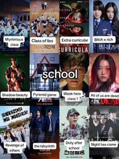 many different images of people in school uniforms and words on the same page, including one that says school