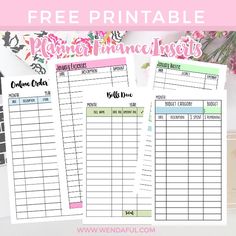 the printable planner inserts are lined up on top of each other, with pink flowers in the background