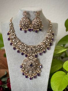 Grand Victorian Diamond Necklace / Pakistani Jewelry / Antique  Kundan Necklace / Sabyasachi inspired necklace and earrings Elegant Purple Kundan Necklace For Festive Occasions, Elegant Purple Jewelry Set For Festive Occasion, Elegant Purple Kundan Necklace As Gift, Purple Kundan Jewelry For Diwali, Elegant Purple Kundan Necklace For Wedding, Festive Purple Chandbali Jewelry, Elegant Purple Meenakari Jewelry, Purple Traditional Earrings For Gift, Purple Necklaces With Intricate Design For Wedding