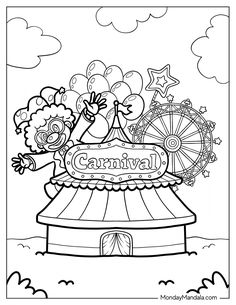 the carnival sign with balloons and flowers on it is outlined in black and white for coloring