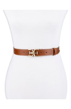 A logo-shaped buckle adds polish to this sleek leather belt that will complement your sophisticated style. 1 1/4" belt width Leather/polyurethane Imported Brown Workwear Belt Buckle With Closure, Elegant Brown Belt Buckle, Sophisticated Style, Sam Edelman, Leather Belt, Saddle, Buckle, Nordstrom, Sleek