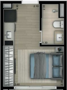 an overhead view of a bedroom and bathroom in a tiny apartment with floor plans for each room