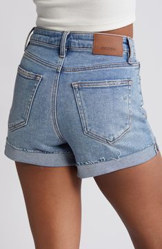 Enjoy the sunshine in stretch-denim shorts fashioned with a high waist and cuffed raw hems for a casual-cool feel. 4" inseam; 11 1/2" front rise Zip fly with button closure Five-pocket style 93% cotton, 5% polyester, 2% spandex Machine wash, tumble dry Imported Spring Jean Shorts With Rolled Hem In Medium Wash, Everyday Jean Shorts With Frayed Hem In Medium Wash, Casual Relaxed Fit Jean Shorts With Rolled Hem, Denim Jean Shorts With Rolled Hem For Summer, Spring Denim Jean Shorts With Rolled Hem, Casual Jean Shorts With Rolled Hem For Spring, Spring Rolled Hem Denim Jean Shorts, Everyday Cutoff Jean Shorts With Frayed Hem, Casual Medium Wash Rolled Hem Jean Shorts