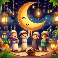 the three children are standing in front of an illuminated crescent with a smiling face on it