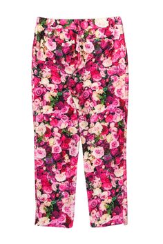 Rock some flower power to your next big meeting with these bright and bubbly trousers from Kate Spade! The classic tapered pant is given a vibrant makeover with a fresh floral print design. Perfect for bringing some springtime style to the office. Pair with a colorful blazer and ruffled blouse to complete your bold boss lady look. Size 00 54% Cotton, 46% Silk Concealed front zipper w/ clasp at waist Unlined Tapered silhouette Open pockets on front of waist Faux pockets on back of waist Floral pr Trendy Floral Print Pants, Trendy Floral Print Straight Pants, Trendy Straight Pants With Floral Print, Chic Rose Print Bottoms For Spring, Chic Spring Bottoms With Rose Print, Spring Floral Print Straight Pants, Stretch Ankle-length Floral Print Pants, Spring Pink Floral Print Pants, Pink Floral Print Pants For Spring