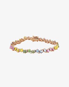 Suzanne Kalan Princess Staggered Pastel Sapphire Tennis Bracelet in 18k rose gold Luxury Multicolor Baguette Diamond Jewelry, Elegant Multicolor Rectangular Bracelet, Fine Jewelry With Multicolor Baguette Diamonds, Preppy Jewelry, Vs Diamond, Stacked Jewelry, Tennis Bracelet Diamond, Diamond Flower, Jewelry Lookbook