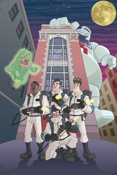 cartoon characters standing in front of a building with an alien on it's back