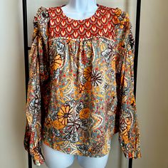 This Is A Gorgeous Lightweight Top From Thml. Size Small Casual Orange Printed Blouse, Orange Long Sleeve Top With Boho Print, Bohemian Orange Tops With Vibrant Print, Bohemian Orange Printed Blouse, Orange Long Sleeve Bohemian Blouse, Spring Orange Tops With Colorful Pattern, Orange Bohemian Top With Colorful Pattern, Casual Orange Blouse With Vibrant Print, Fall Orange Tops With Vibrant Print