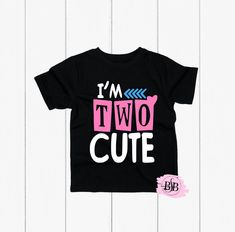 I'm Two Cute, Two Cute Shirt, Birthday Girl Shirt, Girl Birthday Shirt, 2nd Birthday Shirt, Mr Two Cute Shirt, Birthday Girl, Birthday Shirt The design is adhered to the shirt with a premium professional heat press for optimum quality! I use TOP Quality Shirts.  The shirts are VERY SOFT!! The shirts are true to size. Shirts ship out within 1 business days (MON-FRI) or less and take an additional 2-5 days to arrive. Each shirt is custom and made special just for your little one.  Subscribe to Our Cute Black Shirt For Birthday, Black Cute Shirt For Birthday, Cute Shirt With Graphic Print For First Birthday, Cute Graphic Print Shirt For First Birthday, 2nd Birthday Shirt, Birthday Girl Shirt, Star Words, Exciting News, Heat Press