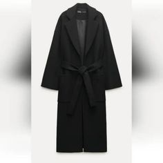 Oversized Manteco Wool Coat. Lapel Collar And Long Sleeve. Front Pockets. Tied Self Belt. Tonal Interior Lining Made Of Viscose. Side Vents At Hem Jean Jacket Women, Houndstooth Blazer, Vest Coat, Oversized Coat, Wool Blend Coat, Oversized Jacket, Zara Jackets, Plaid Blazer, Long Sleeve Midi Dress