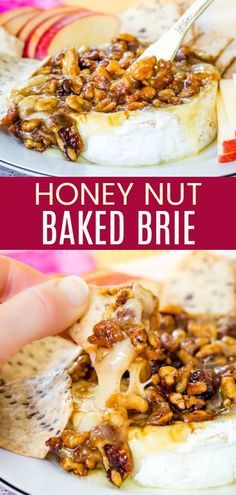 a person holding a piece of bread with nuts on it and the words honey nut baked brie above it