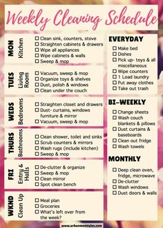 a cleaning schedule with pink flowers in the background