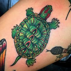 a green turtle tattoo on the back of a woman's shoulder and arm with birds around it