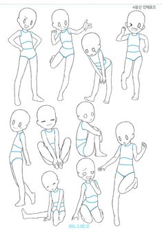 an animation character's body is shown with different poses and expressions for each character