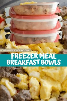 freezer meal breakfast bowls stacked on top of each other