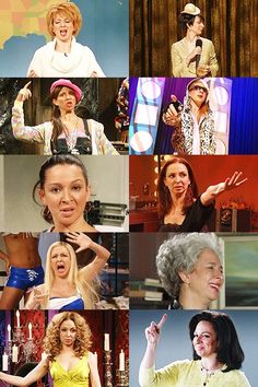 many different pictures of women on stage and in front of microphones, with one woman holding