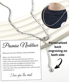 Promise necklace for him, men wedding Gift for boyfriend, Mens promise neckalce Personalized cuban chain necklace for men Men's Personalized cuban chain Engraved  third anniversary gif,  50 wedding anniversary gift, 5th anniversary gift, 4 year anniversary gift, 5 year anniversary gift, 10 year anniversary gift Introducing our personalized cuban chain necklace this stylish piece of personalized jewelry is the perfect accessory for a lover of masculine-style jewelry. The simple color of this bracelet, available in black or brown, makes it versatile, and the engraved message make it even more unique. ► PRODUCT DETAILS A premium 316L Stainless Steel necklace , personalize the other side with a message for your man. Silver Chain Jewelry For Valentine's Day Anniversary, Anniversary Silver Cuban Link Chain Necklace, Nickel-free Stainless Steel Necklace For Anniversary, Anniversary Cuban Link Necklace With Medium-length Chain, Customized Necklace For Anniversary, Valentine's Day Gift, 4th Year Anniversary Gifts, Promise Necklace, 5 Year Anniversary Gift, Wedding Gifts For Men