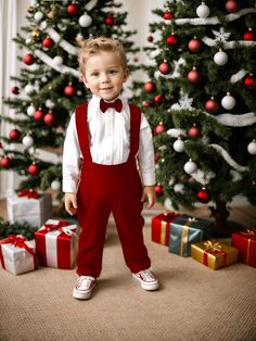 ✿ABOUT THIS SUİT ✓This set includes a long-sleeve white cotton shirt, a red silk alpaca suspenders pants, a silk alpaca vest, and a bow tie. ✓The trousers have an elastic back and adjustable trouser hanger for a comfortable and stylish fit.  ✓The elegant page boy look is perfect for any special occasion, ensuring your little one looks picture-perfect. ✓With this set, you can create a sibling combo if you want, you can reach from the link below the product details for our red Christmas dress for Suspenders Pants, Long Sleeve White Shirt, Red Suspenders, Xmas Outfit, Boys Christmas Outfits, Red Christmas Dress, Sibling Outfits, Kids Christmas Outfits, Christmas Clothes