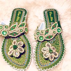 Rose Shoes, No Size Listed-Measured , Glossy Green, Embroidered Embellished Jewels And Beads, Tropical, Casual, Gypsy, (Minor Bubble And Peeling On Bottom, Not Visible When Wearing- Reflective In The Price) Otherwise Great Condition Nwot, Embroidered Round Toe Sandals For Party, Green Embellished Round Toe Sandals, Traditional Green Open Toe Sandals, Festive Closed Toe Embellished Sandals, Festive Embellished Sandals With Round Toe, Embellished Round Toe Sandals For Festive Occasions, Festive Embroidered Sandals With Round Toe, Spring Festive Sandals With Gota Work, Festive Embellished Open Toe Sandals