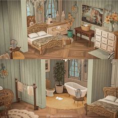 two pictures of an old fashioned bedroom with furniture and decorations on the walls, along with a bathroom