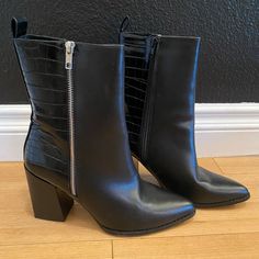 Black Faux Leather And Crocodile Booties With Pointed Toe. Never Worn Perfect Condition. Faux Leather Boots With Crocodile Pattern For Fall, Fall Faux Leather Boots With Crocodile Pattern, Steve Madden Shoes, Black Faux Leather, Shoes Black, Steve Madden, Bootie Boots, Ankle Boots, Faux Leather