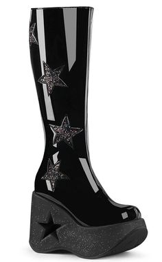 DYNAMITE-218 Black Patent/Glitter Knee Boots-Demonia-Tragic Beautiful