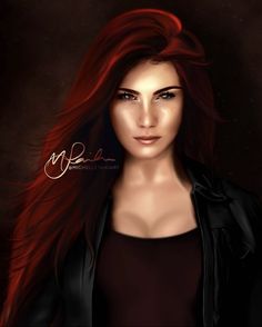 a digital painting of a woman with long red hair and black shirt, looking at the camera