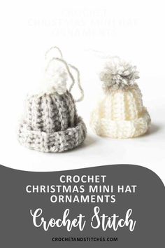 Gray mini hat ornament with white pom pom and white mini hat ornament with gray pom pom on top Crochet Hat Ornament Pattern, Crochet Christmas Ornaments Hat, Mini Beanie Hats, Christmas Hat Ornament Crochet, Santa Pom Pom Ornament, Crochet Christmas Hat Ornament, Crochet Tiny Hat Ornaments, Crochet Mini Hat Ornament, Mini Winter Hats Diy