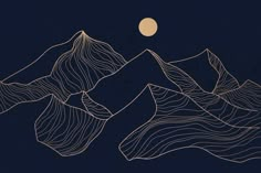 the mountains are covered in gold lines on a dark blue background with a full moon