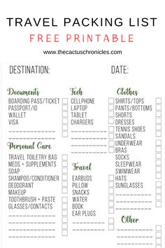 travel packing list with the text free printable