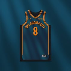 a basketball jersey with the number 8 on it is hanging up against a blue background