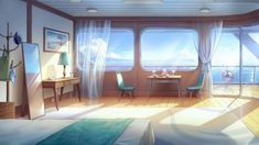 a room with a bed, desk and window overlooking the ocean on a cruise ship