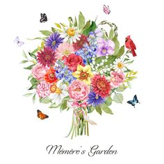 a bouquet of flowers and butterflies on a white background with the words meiner's garden