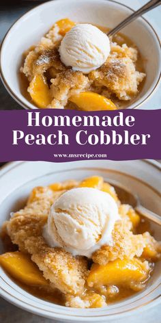 homemade peach cobbler in a bowl with ice cream on top and the words homemade peach cobbler above it