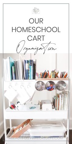 a book shelf with books and other items on it that says our homeschool cart organization