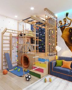 a child's play room with climbing wall and slide