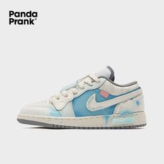 The design of this shoe draws inspiration from the summer sky. It features a bright and vivid sky blue paired with off-white, reminiscent of the sky and clouds. Blue splashes mimic the form of water droplets, enhancing the shoe's summery and refreshing ambiance. Blue Sneakers With Speckled Midsole For Summer, Summer Blue Sneakers With Speckled Midsole, Jordan 1 Sky Blue, Blue Sneakers For Summer Streetwear, Light Blue Low-top Custom Sneakers For Streetwear, Air Jordan Ice Blue, Air Jordan 1 Low Powder Blue, Jordan 1 Low Reverse Ice Blue, Low Jordan 1