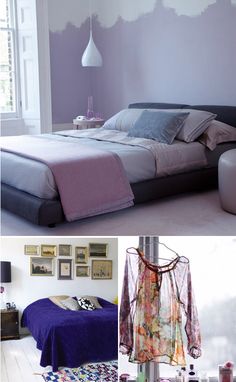 two pictures show the same room in different rooms, one with purple walls and one with white floors