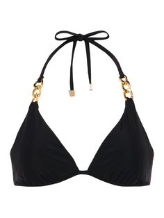 A classic triangle bikini top, in classic black. In a secure four-way stretch nylon, this halter style ties at the neck and back for a fully customizable fit and includes hidden underwire for flattering definition and lustrous gold tie-tabs for an elevated touch. Pair with the coordinating Jean bottom. | L'AGENCE Annabelle Triangle Bikini Top In Black Gold Tie, Swim Sets, Shoes Heels Pumps, Halter Style, Pumps Heels, Classic Black, Neck Tie, Shoes Heels, Pumps