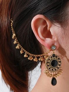 Indian black & gold drop earrings with hair piece Elegant Black Ear Cuff For Party, Black Single Earring For Wedding, Elegant Black Ear Cuff For Pierced Ears, Elegant Black Ear Cuff, Gold Bohemian Ear Cuff For Party, Chandbalis Earrings, Gold Drop Earrings, Hair Piece, Jewelry Earrings Dangle