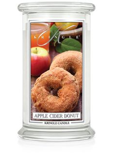 an apple cider donut in a glass jar