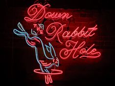 a neon sign that reads down the rabbit hole